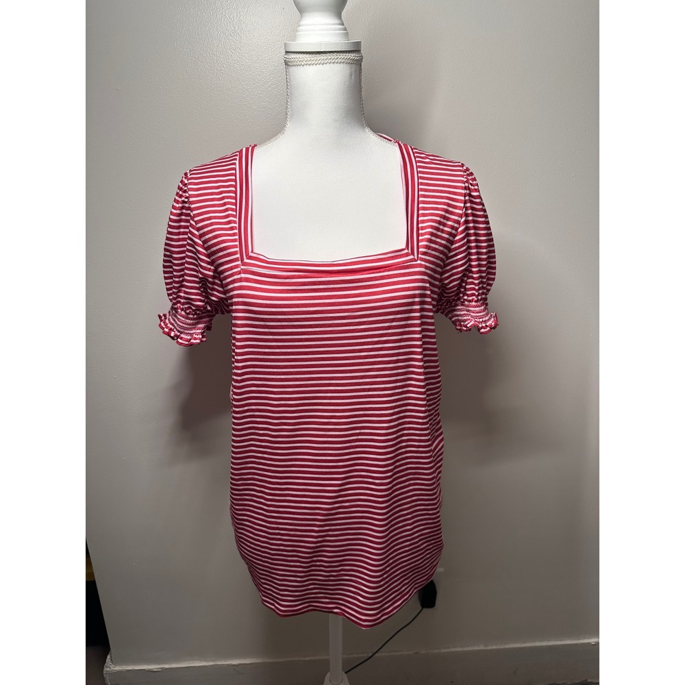 MISIFI Womens Red White Striped Square Neck Puff Sleeve Top Size Large NWT